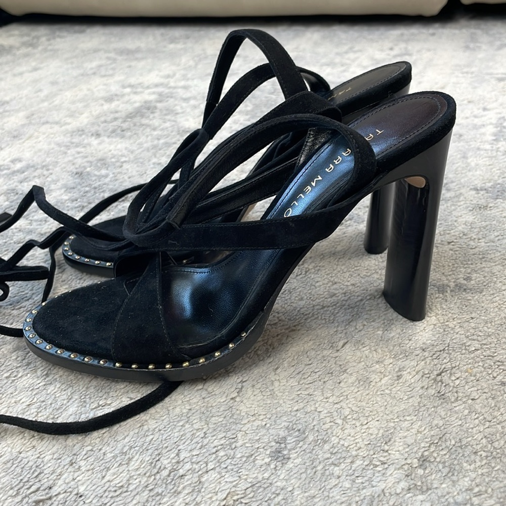 New Tamara Mellon Terra 100 Suede Studded Wrap Around Sandals Heels Black 38.5 - Picture 3 of 13